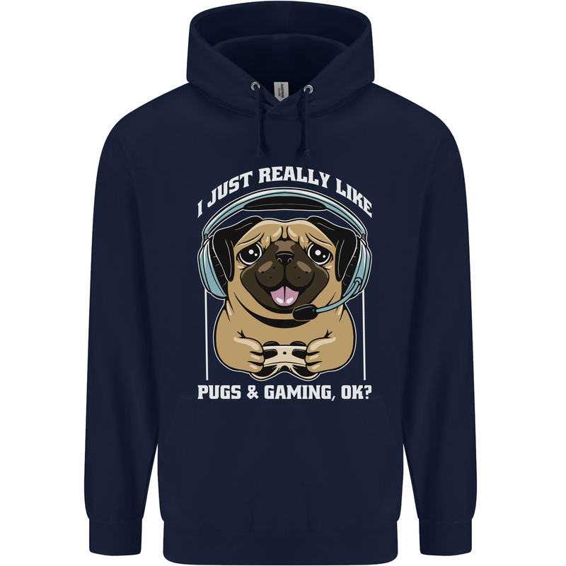 Love Pugs and Gaming Gamer Mens 80% Cotton Hoodie Navy Blue