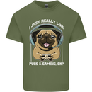 Love Pugs and Gaming Gamer Mens Cotton T-Shirt Tee Top Military Green