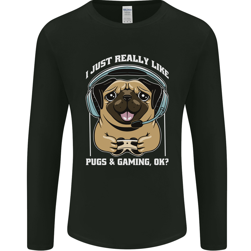 Love Pugs and Gaming Gamer Mens Long Sleeve T-Shirt Black