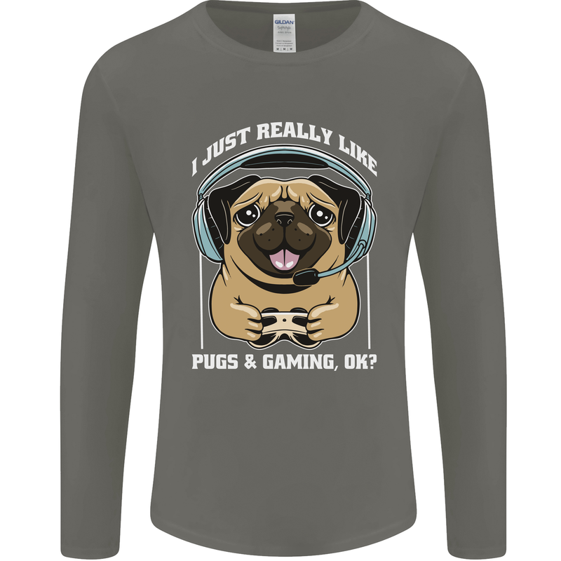 Love Pugs and Gaming Gamer Mens Long Sleeve T-Shirt Charcoal