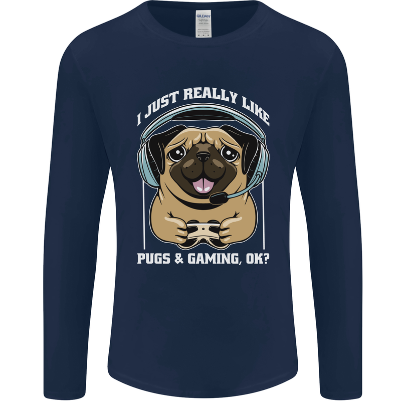 Love Pugs and Gaming Gamer Mens Long Sleeve T-Shirt Navy Blue