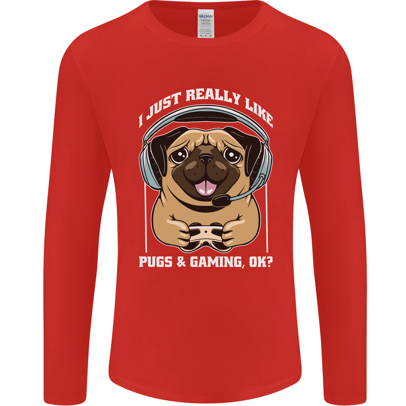 Love Pugs and Gaming Gamer Mens Long Sleeve T-Shirt Red
