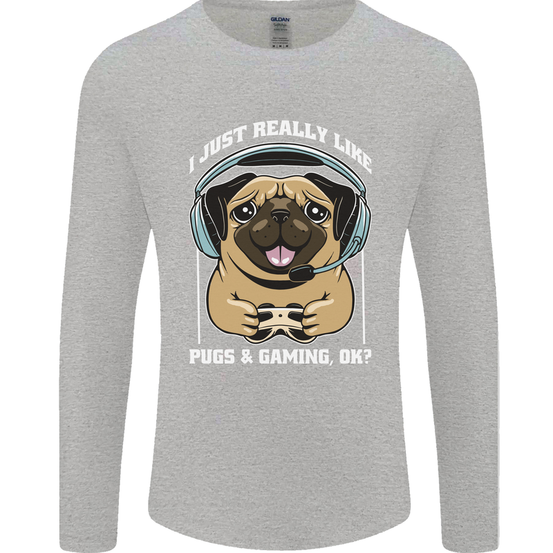Love Pugs and Gaming Gamer Mens Long Sleeve T-Shirt Sports Grey