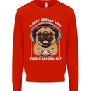 Love Pugs and Gaming Gamer Mens Sweatshirt Jumper Bright Red
