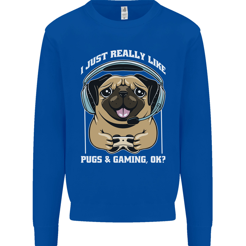 Love Pugs and Gaming Gamer Mens Sweatshirt Jumper Royal Blue