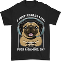 Love Pugs and Gaming Gamer Mens T-Shirt 100% Cotton Black