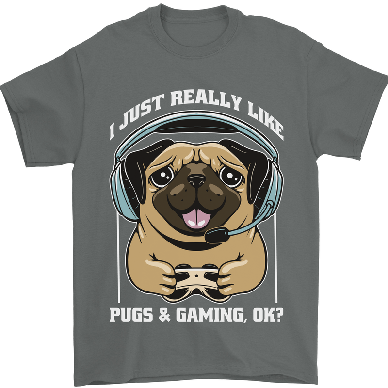 Love Pugs and Gaming Gamer Mens T-Shirt 100% Cotton Charcoal