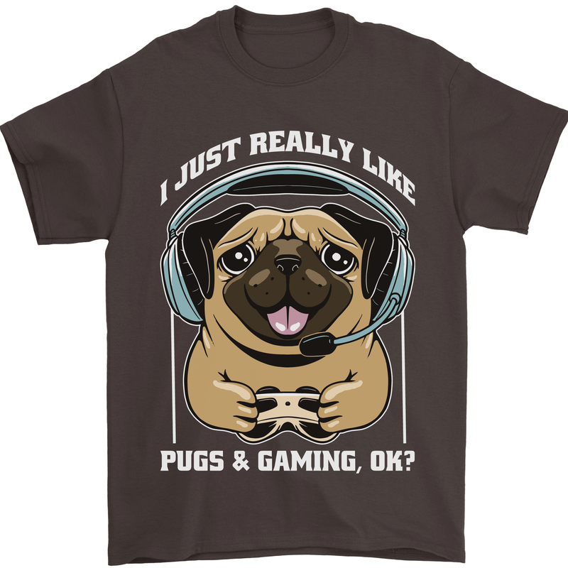 Love Pugs and Gaming Gamer Mens T-Shirt 100% Cotton Dark Chocolate