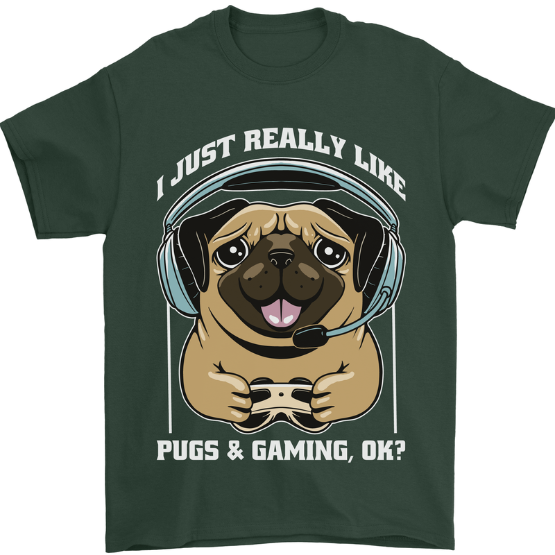 Love Pugs and Gaming Gamer Mens T-Shirt 100% Cotton Forest Green