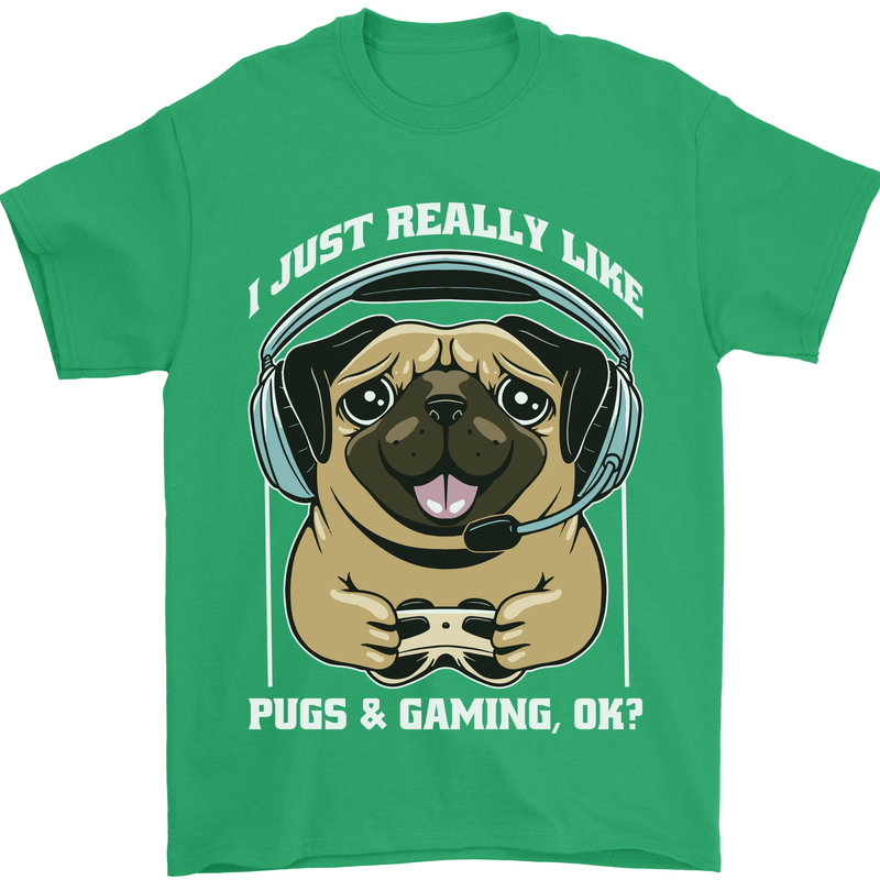 Love Pugs and Gaming Gamer Mens T-Shirt 100% Cotton Irish Green