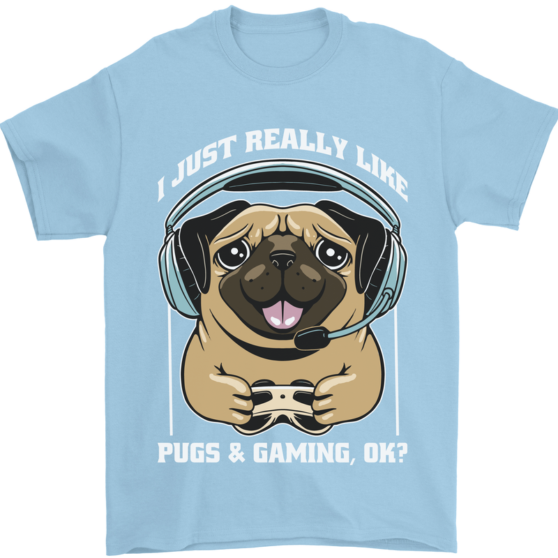 Love Pugs and Gaming Gamer Mens T-Shirt 100% Cotton Light Blue