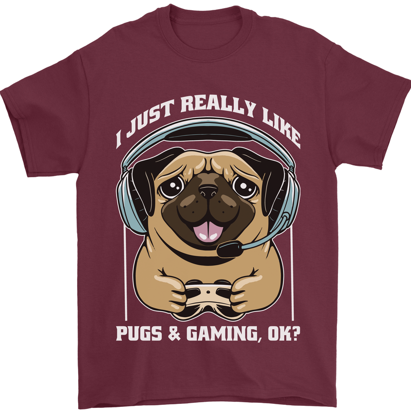 Love Pugs and Gaming Gamer Mens T-Shirt 100% Cotton Maroon