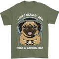 Love Pugs and Gaming Gamer Mens T-Shirt 100% Cotton Military Green
