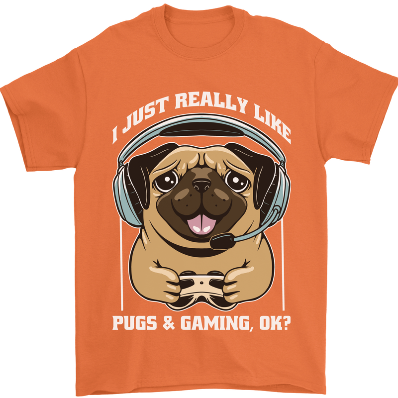 Love Pugs and Gaming Gamer Mens T-Shirt 100% Cotton Orange