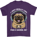 Love Pugs and Gaming Gamer Mens T-Shirt 100% Cotton Purple