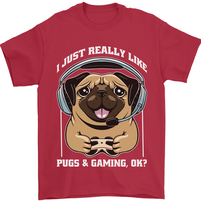 Love Pugs and Gaming Gamer Mens T-Shirt 100% Cotton Red