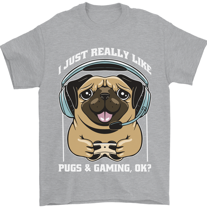 Love Pugs and Gaming Gamer Mens T-Shirt 100% Cotton Sports Grey