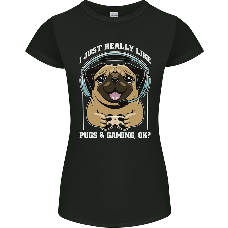 Love Pugs and Gaming Gamer Womens Petite Cut T-Shirt Black