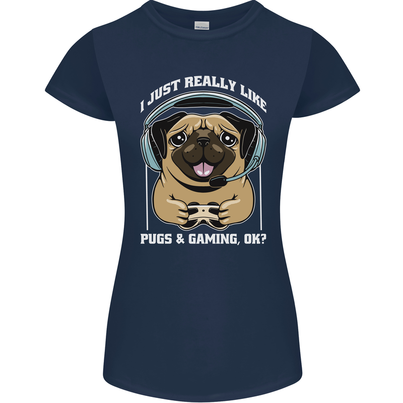 Love Pugs and Gaming Gamer Womens Petite Cut T-Shirt Navy Blue