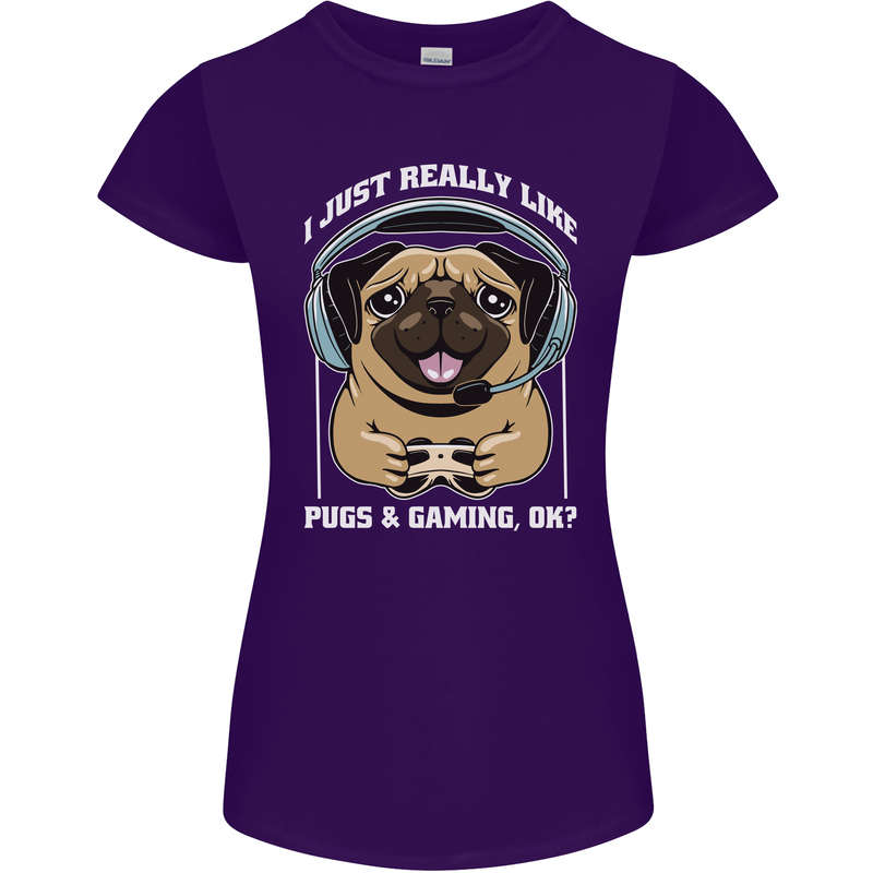 Love Pugs and Gaming Gamer Womens Petite Cut T-Shirt Purple
