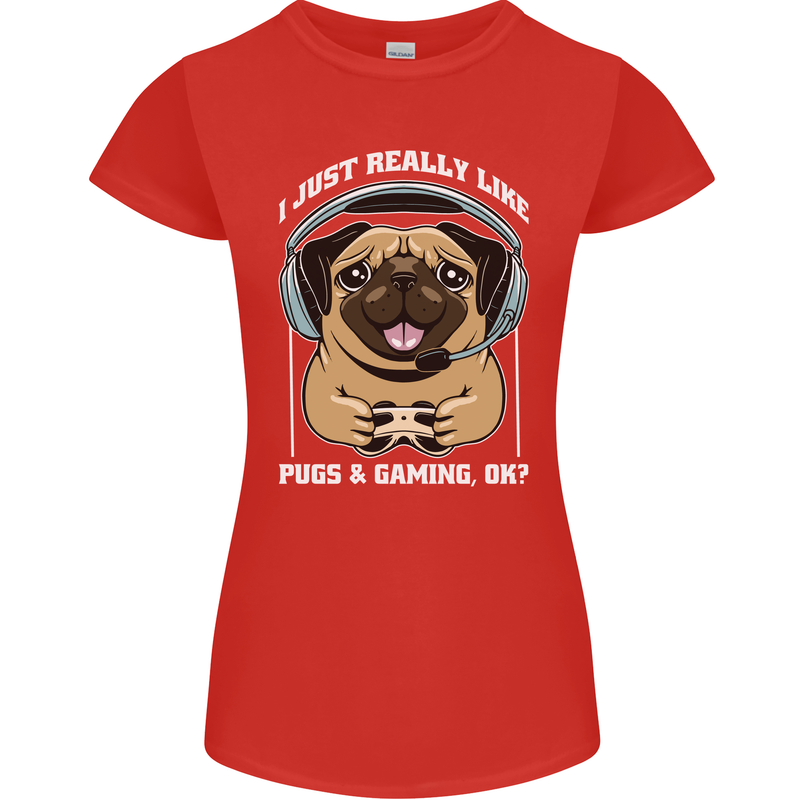 Love Pugs and Gaming Gamer Womens Petite Cut T-Shirt Red