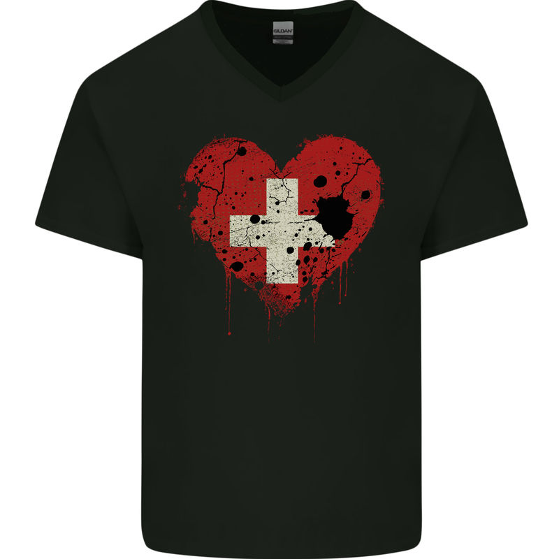 Love Switzerland Flag Swiss Day Football Mens V-Neck Cotton T-Shirt Black
