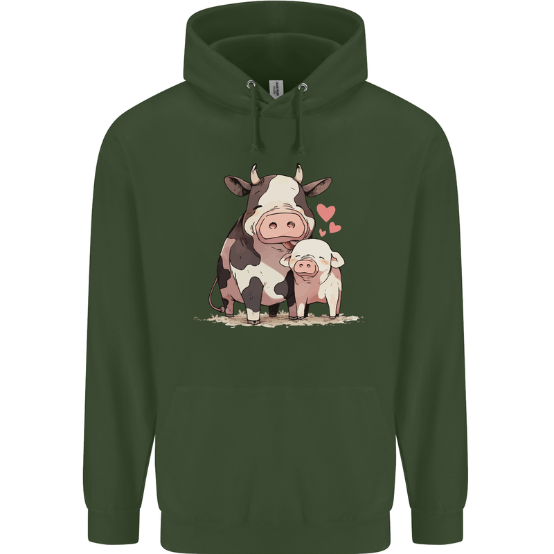 Love is a Cow and Pig Mens 80% Cotton Hoodie Forest Green