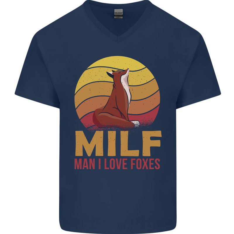 MILF Man I Love Foxes Fox Mens V-Neck Cotton T-Shirt Navy Blue