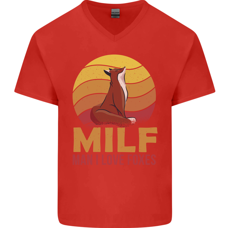 MILF Man I Love Foxes Fox Mens V-Neck Cotton T-Shirt Red