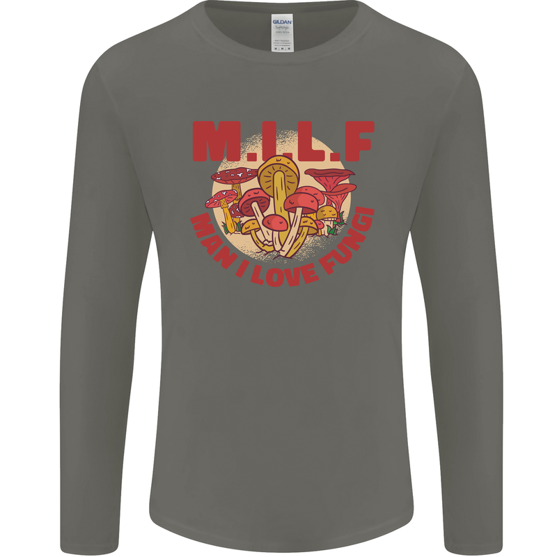 MILF Man I Love Fungi Mycology Foraging Mens Long Sleeve T-Shirt Charcoal