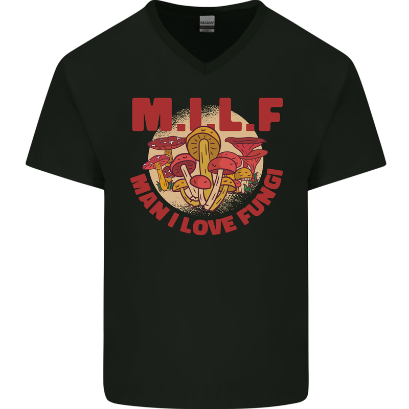 MILF Man I Love Fungi Mycology Foraging Mens V-Neck Cotton T-Shirt Black