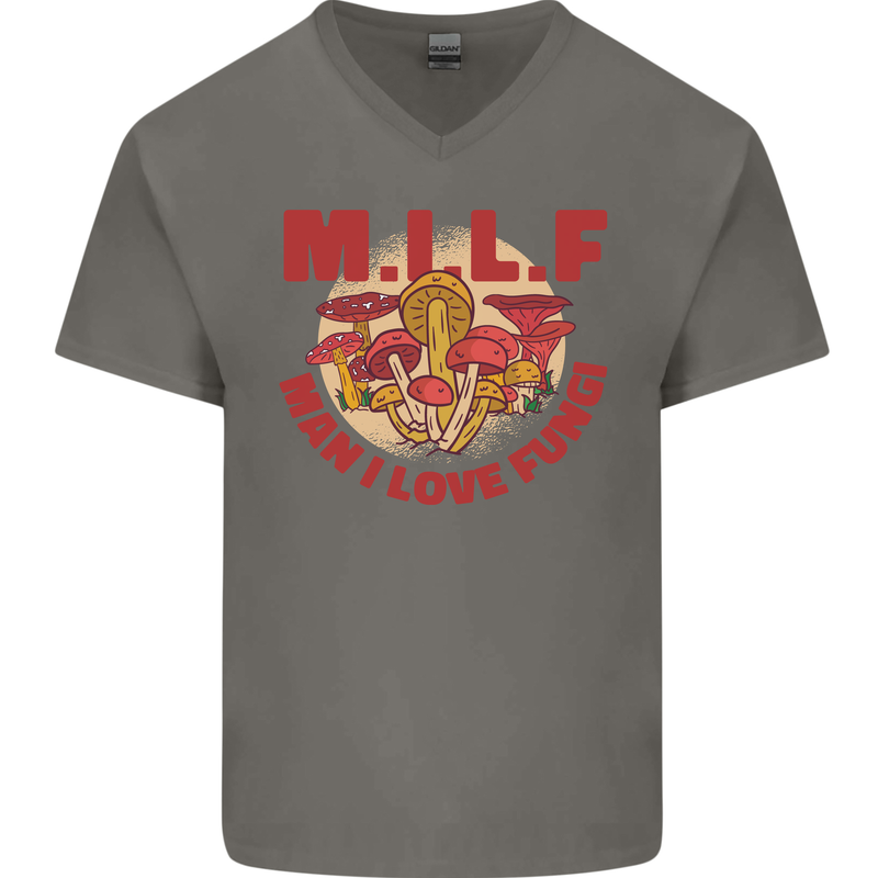 MILF Man I Love Fungi Mycology Foraging Mens V-Neck Cotton T-Shirt Charcoal