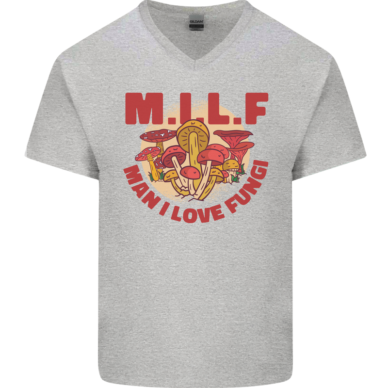 MILF Man I Love Fungi Mycology Foraging Mens V-Neck Cotton T-Shirt Sports Grey