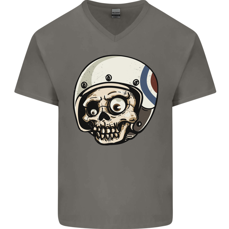 MOD Scooter Skull Motorcycle Biker Mens V-Neck Cotton T-Shirt Charcoal