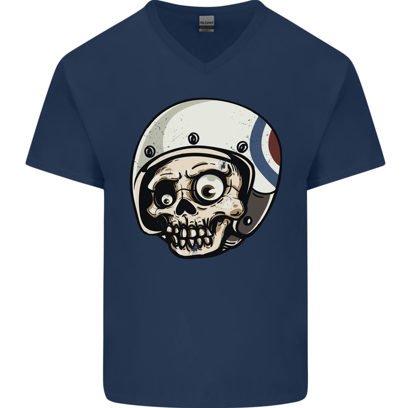 MOD Scooter Skull Motorcycle Biker Mens V-Neck Cotton T-Shirt Navy Blue