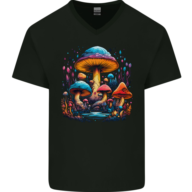 Magic Mushroom Landscape Trippy Mens V-Neck Cotton T-Shirt Black