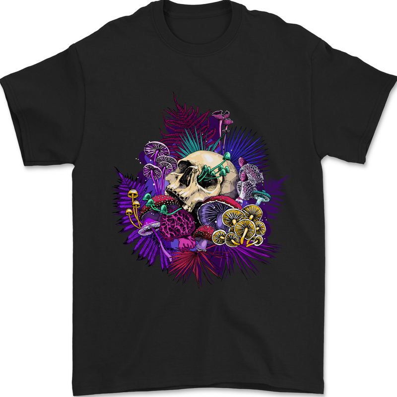 a black t - shirt with a skull and flowers on it