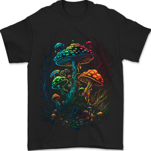 a black t - shirt with colorful mushrooms on it