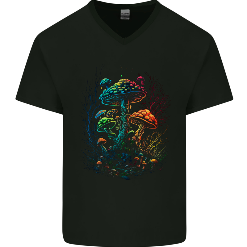 Magic Mushrooms Psychedelic Trippy LSD Mens V-Neck Cotton T-Shirt Black
