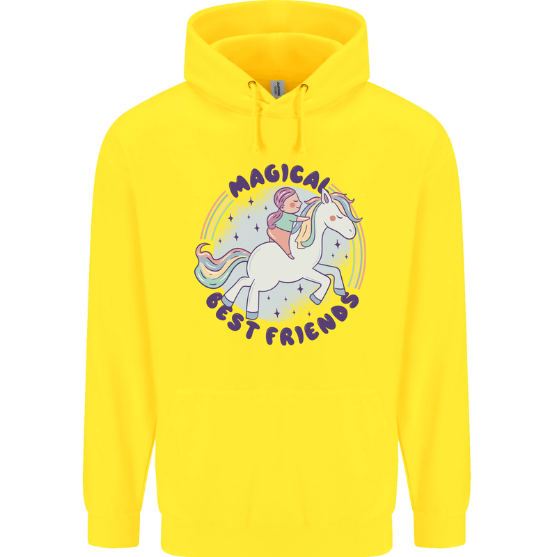 Magical Friends a Girl Riding a Unicorn Childrens Kids Hoodie Yellow