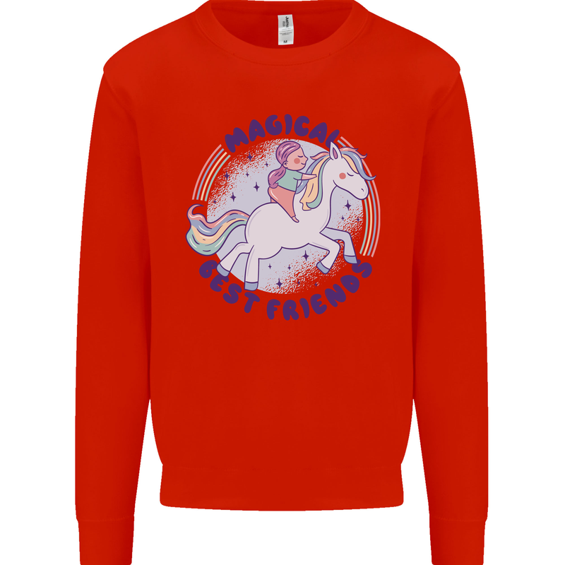 Magical Friends a Girl Riding a Unicorn Kids Sweatshirt Jumper Bright Red