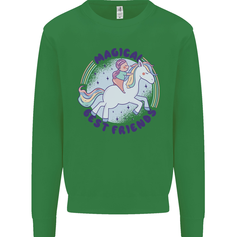 Magical Friends a Girl Riding a Unicorn Kids Sweatshirt Jumper Irish Green