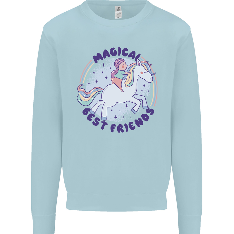 Magical Friends a Girl Riding a Unicorn Kids Sweatshirt Jumper Light Blue