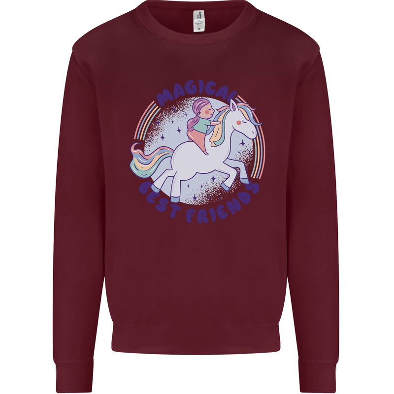 Magical Friends a Girl Riding a Unicorn Kids Sweatshirt Jumper Maroon