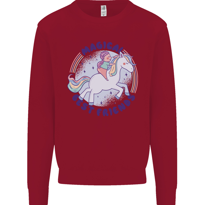 Magical Friends a Girl Riding a Unicorn Kids Sweatshirt Jumper Red