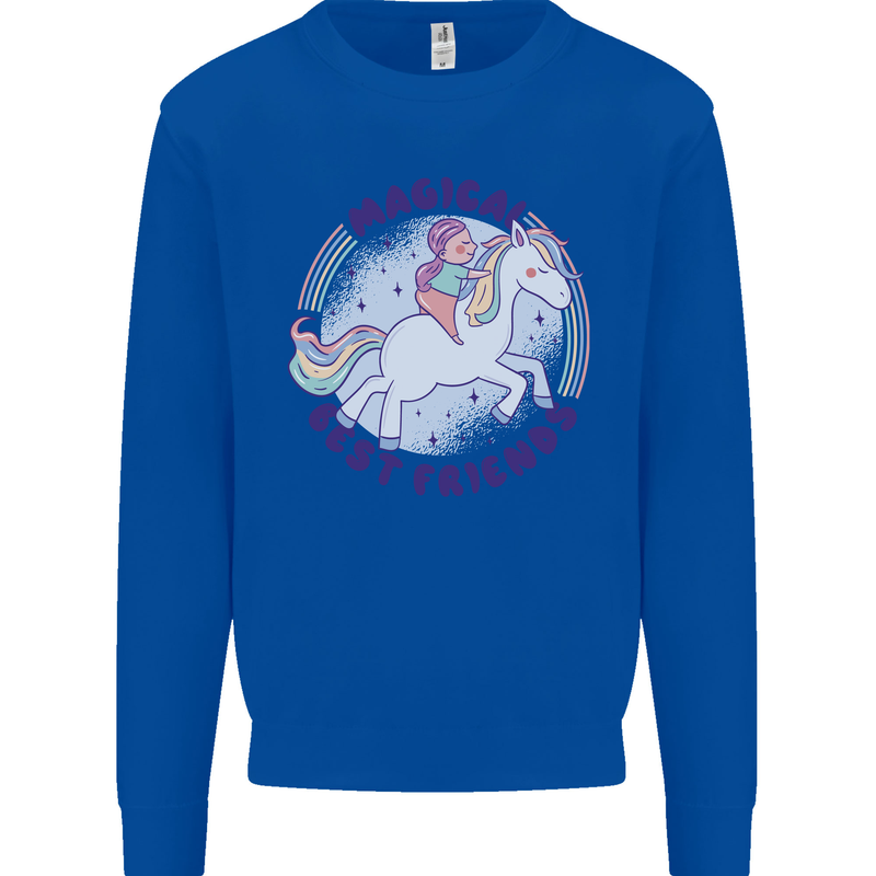 Magical Friends a Girl Riding a Unicorn Kids Sweatshirt Jumper Royal Blue