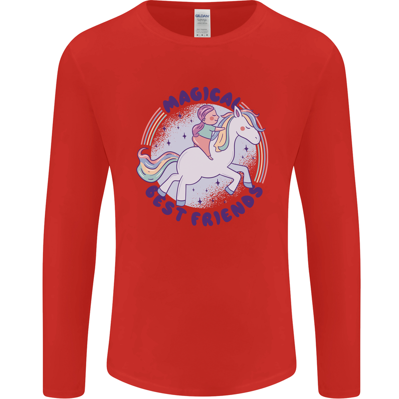 Magical Friends a Girl Riding a Unicorn Mens Long Sleeve T-Shirt Red