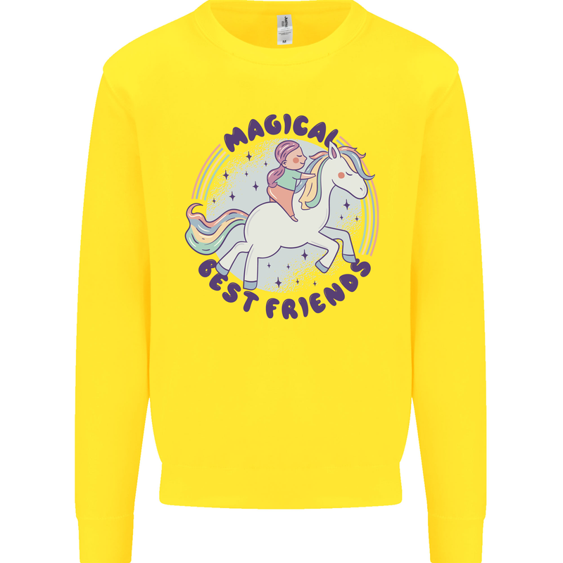 Magical Friends a Girl Riding a Unicorn Mens Sweatshirt Jumper Yellow