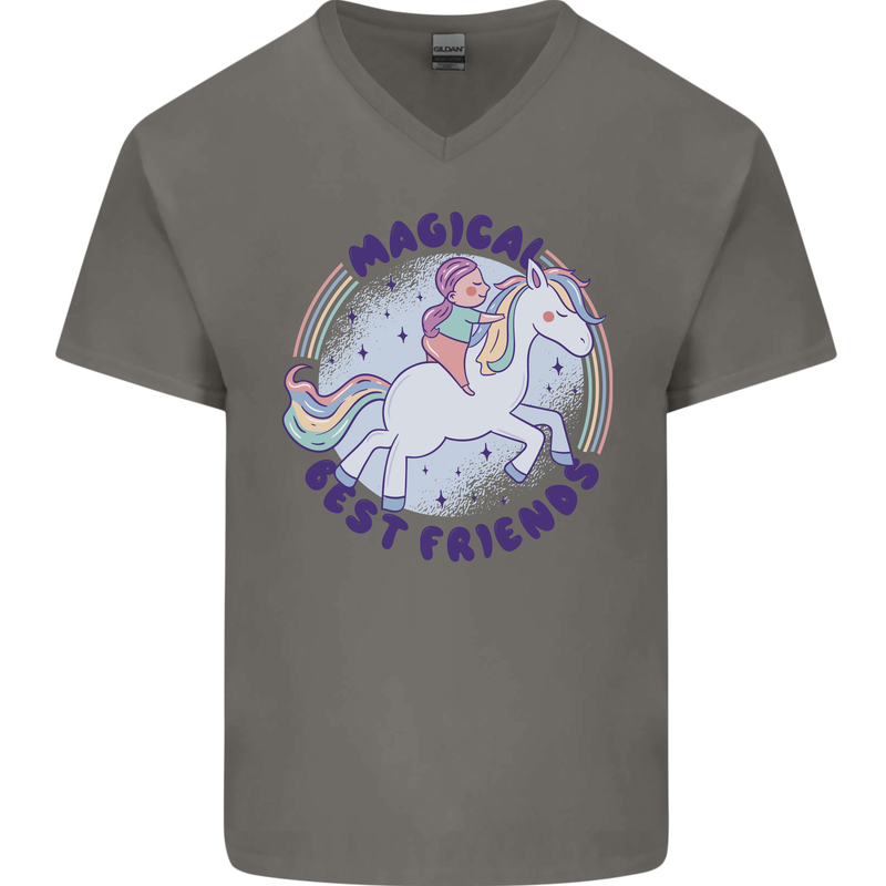 Magical Friends a Girl Riding a Unicorn Mens V-Neck Cotton T-Shirt Charcoal