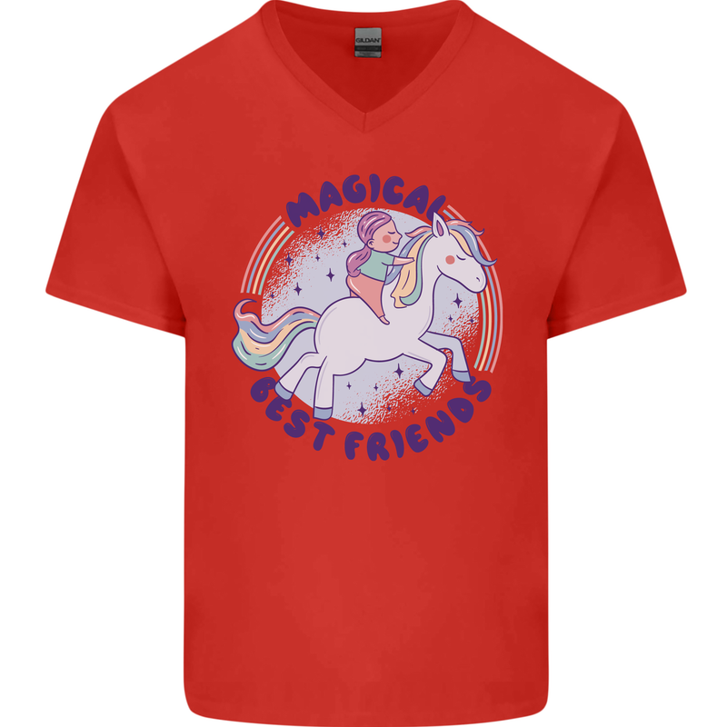 Magical Friends a Girl Riding a Unicorn Mens V-Neck Cotton T-Shirt Red